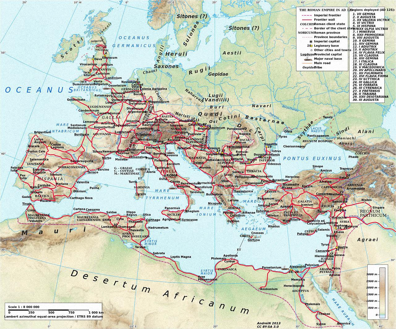 Ключевые дороги Римской империи (примерно 125 год н. э.).